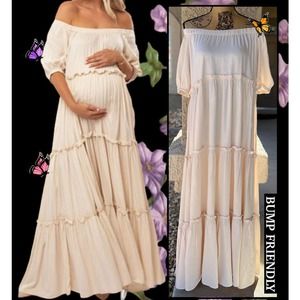 PinkBlush Cream Off Shoulder Ruffle Tiered Maternity Maxi Dress Size S